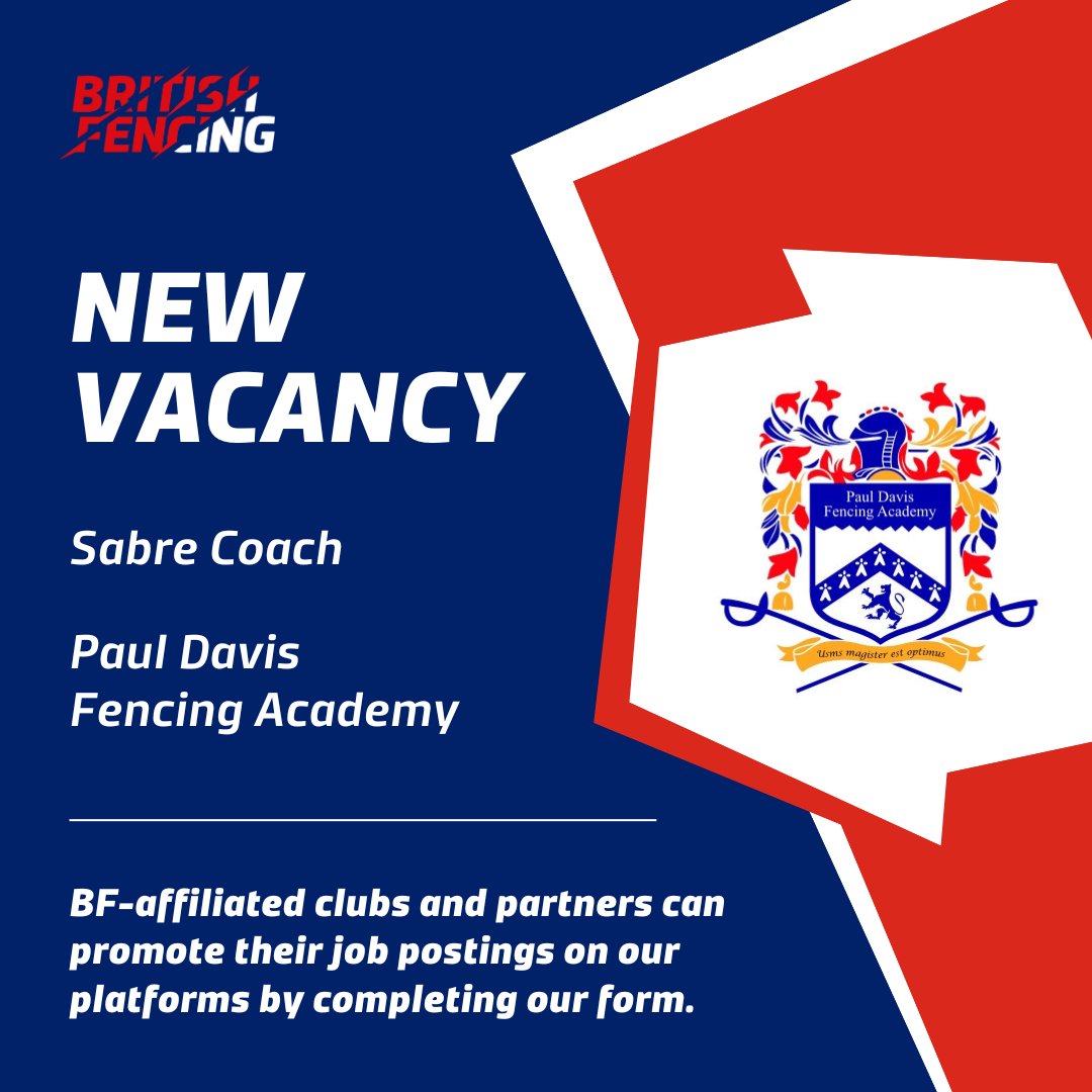 📢 New vacancy: Paul Davis Fencing Academy

🗓️ Deadline: 16th July 2025

🔗 More info: britishfencing.com/coach-required…

BF-affiliated clubs and partners can promote their job postings on our platforms by completing our form here: app.smartsheet.com/b/form/482a649…