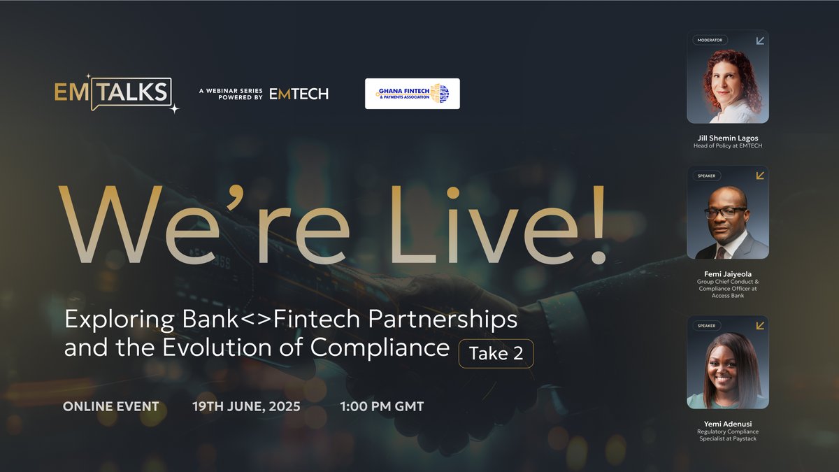 We’re LIVE! 🔥#EMTALKS Take 2 is officially underway.

Today we’re unpacking the real friction points and future of bank&lt;&gt;fintech partnerships with:
🎙️ Femi Jaiyeola – Access Bank
🎙️ Adeyemi Adenusi – Paystack
💬 Moderated by Jill Shemin Lagos, EMTECH

If you're thinking about