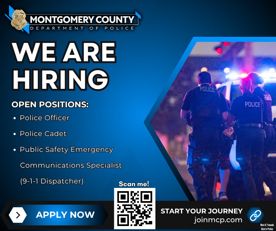 mcpnews's tweet photo. Interested in a career in law enforcement? MCPD is hiring!
Whether you're just starting or looking to advance your public safety career, we have opportunities available for you!
NEW STARTING SALARY: $70,056
Learn more and apply at https://t.co/COFt9v2hXS
#MCPNews #JoinMCPD https://t.co/4eLGGSoK62