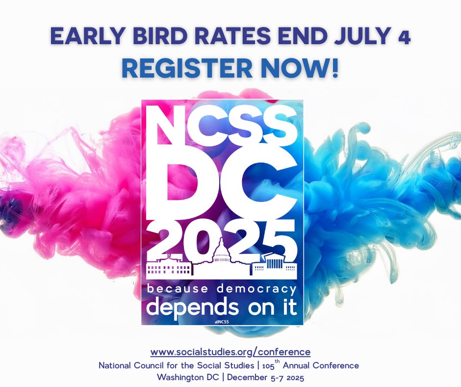 🏷️ Early bird pricing flies away tomorrow! Register now for the 105th NCSS Annual Conference for special savings on a weekend of professional learning, networking, and rejuvenation in our nation's capital: hubs.li/Q03tmB2s0 #edchat #NCSS2025 #pedagogy