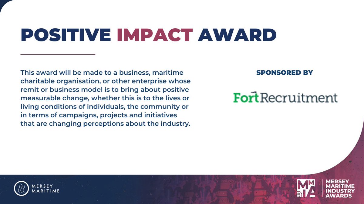 Apply now for the #MMIA25 Positive Impact Award - Sponsored by <a href="/Fort_Recruit/">Fort Recruitment</a> 🏆

This award recognises businesses, charities, and organisations making a real difference - creating measurable, lasting change in communities or across the maritime industry: hubs.ly/Q03vbC4L0