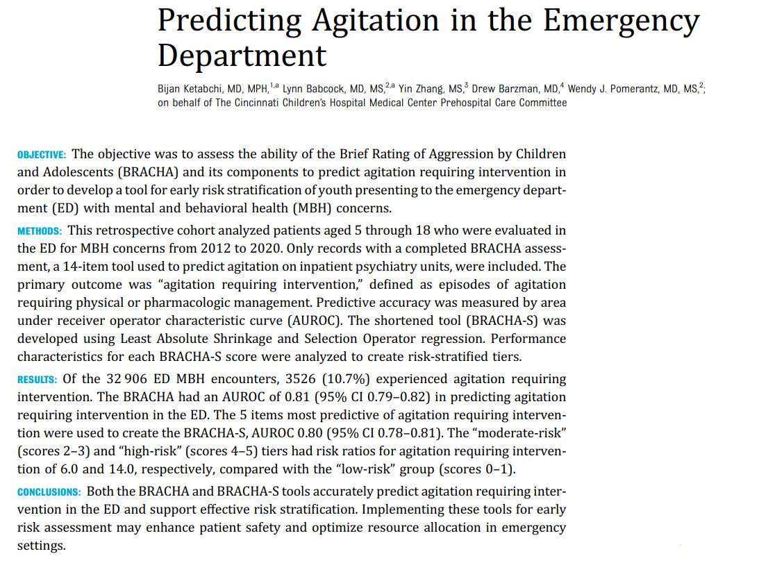 CHOP Pediatric Emergency Medicine (@pematchop) on Twitter photo 🚨 New in <a href="/AmerAcadPeds/">American Academy of Pediatrics</a>
Dr. Ketabchi & team studied the "Brief Rating of Aggression by Children & Adolescents" Assessment to predict agitation in youth w/ mental & behavioral health concerns to develop a risk stratification tool.
🔗 bit.ly/3FHCo1b
#Pediatrics #MH #ED 🚨 New in <a href="/AmerAcadPeds/">American Academy of Pediatrics</a>
Dr. Ketabchi & team studied the "Brief Rating of Aggression by Children & Adolescents" Assessment to predict agitation in youth w/ mental & behavioral health concerns to develop a risk stratification tool.
🔗 bit.ly/3FHCo1b
#Pediatrics #MH #ED