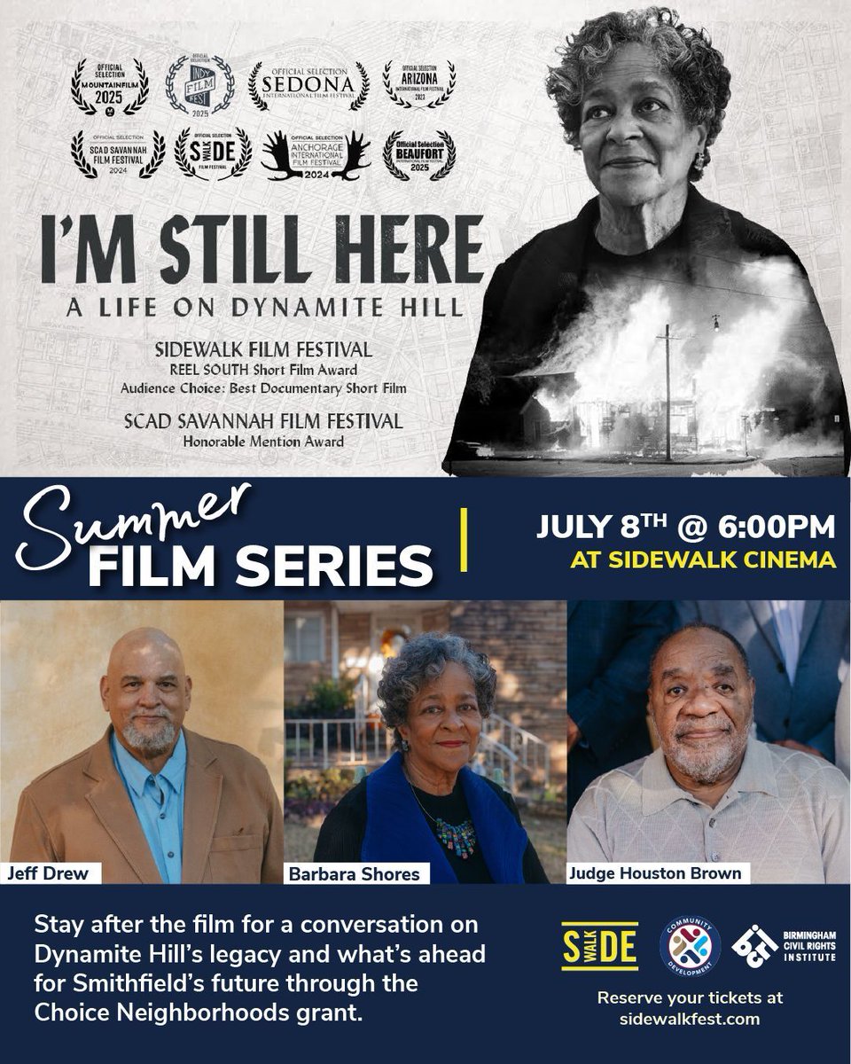 🎥🍿🎬BCRI x Sidewalk Summer Film Series is hosting a special screening of I’m Still Here: A Life on Dynamite Hill in partnership with Birmingham’s Department of Community Development on Tuesday, July 8.
Don't miss this screening. Grab your tickets at: bcri.org/event/im-still…