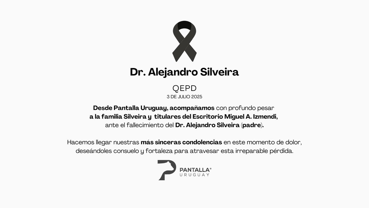 Desde Pantalla Uruguay, acompañamos con profundo pesar a la familia Silveira y a los titulares del Escritorio Miguel Ángel Izmendi ante el fallecimiento del Dr. Alejandro Silveira.