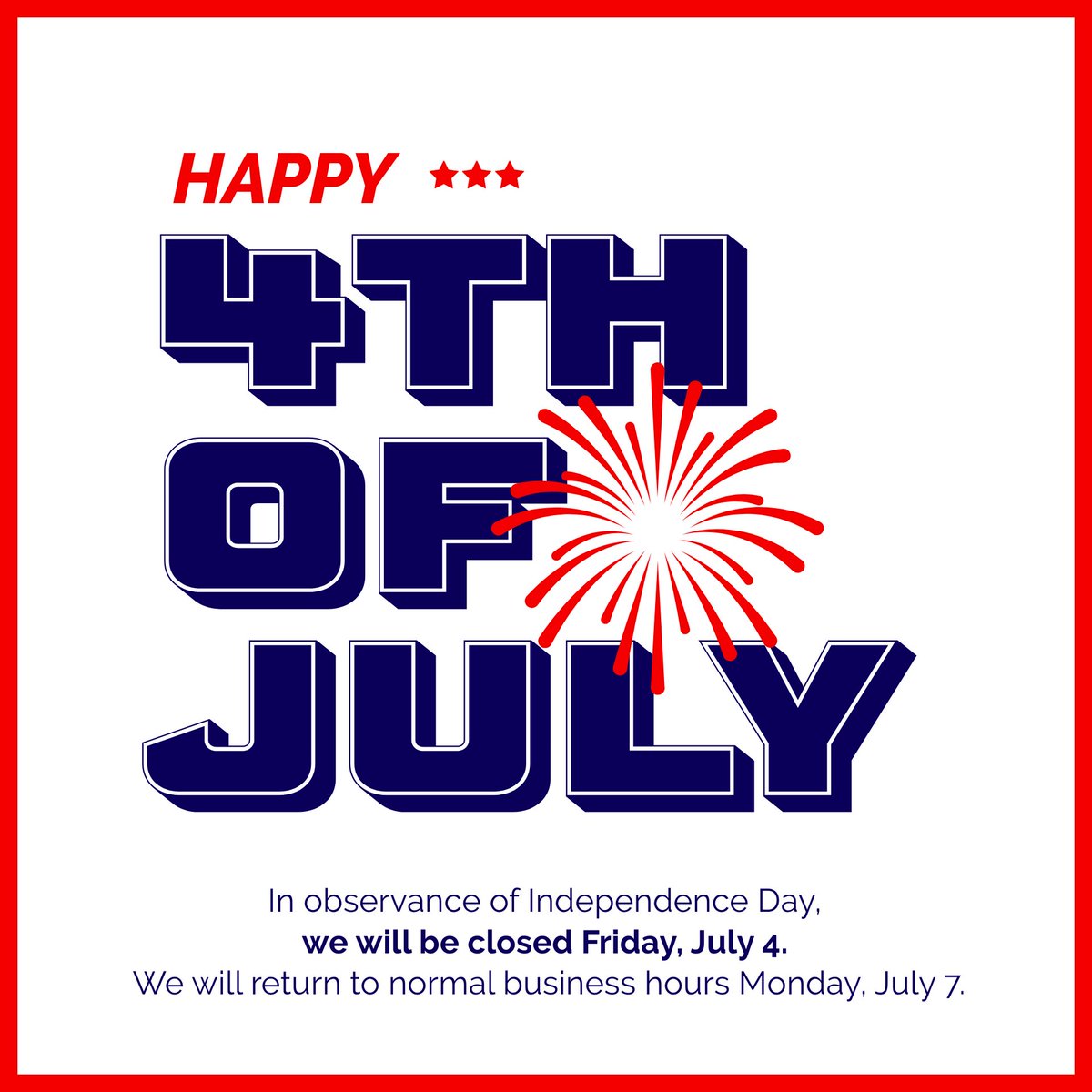 We will be closed tomorrow, Friday July 4 in observance of Independence Day.  We will resume normal business hours Monday, July 7. #NCU #Naheola #NaheolaCreditUnion