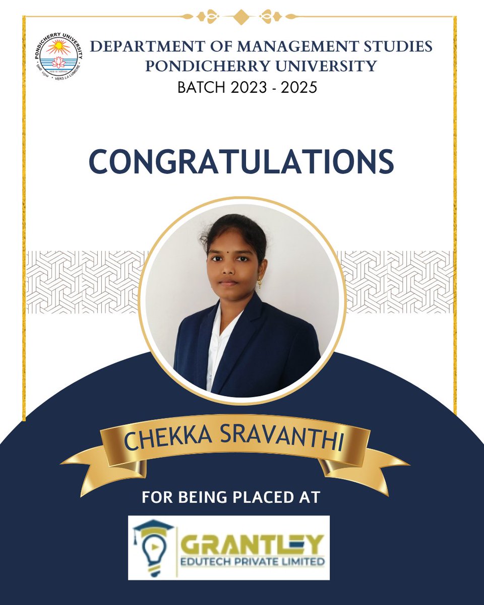 DMS_since_1986's tweet photo. We’re proud to celebrate our students who’ve been placed at Grantley!
@PondiUniVC
#Placements #PondicherryUniversity #Grantley https://t.co/YOj0N9OsN5