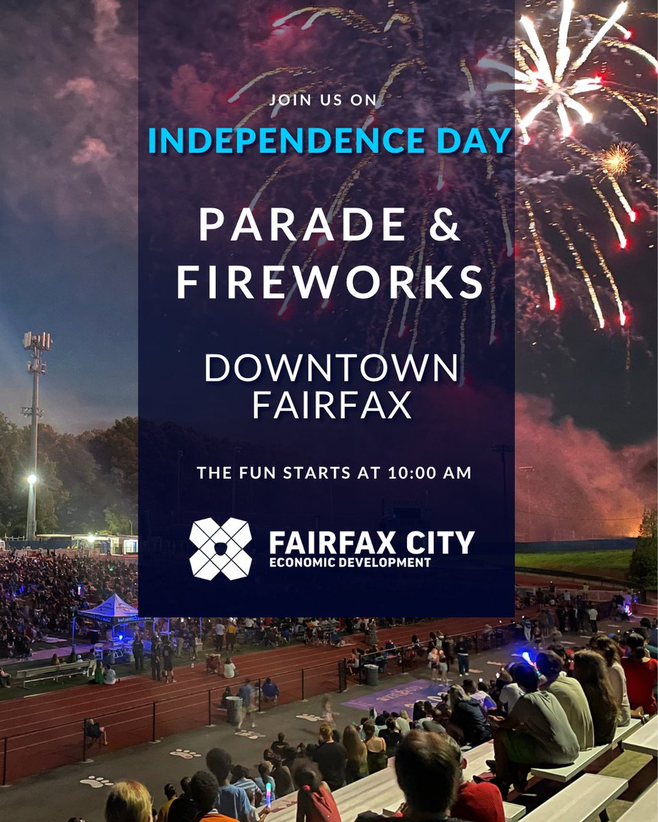 Fairfax City Economic Development (@gofairfaxcity) on Twitter photo Celebrate the 4th in the <a href="/CityofFairfaxVA/">City of Fairfax, VA</a>! 🎆 VA’s largest parade kicks off at 10 AM Downtown, then enjoy live music & fireworks at Fairfax HS at 6:30 PM. FCED is closed July 4, reopening July 7. Tap the link for the full schedule & have a happy holiday! bit.ly/3Tm7ZbN Celebrate the 4th in the <a href="/CityofFairfaxVA/">City of Fairfax, VA</a>! 🎆 VA’s largest parade kicks off at 10 AM Downtown, then enjoy live music & fireworks at Fairfax HS at 6:30 PM. FCED is closed July 4, reopening July 7. Tap the link for the full schedule & have a happy holiday! bit.ly/3Tm7ZbN