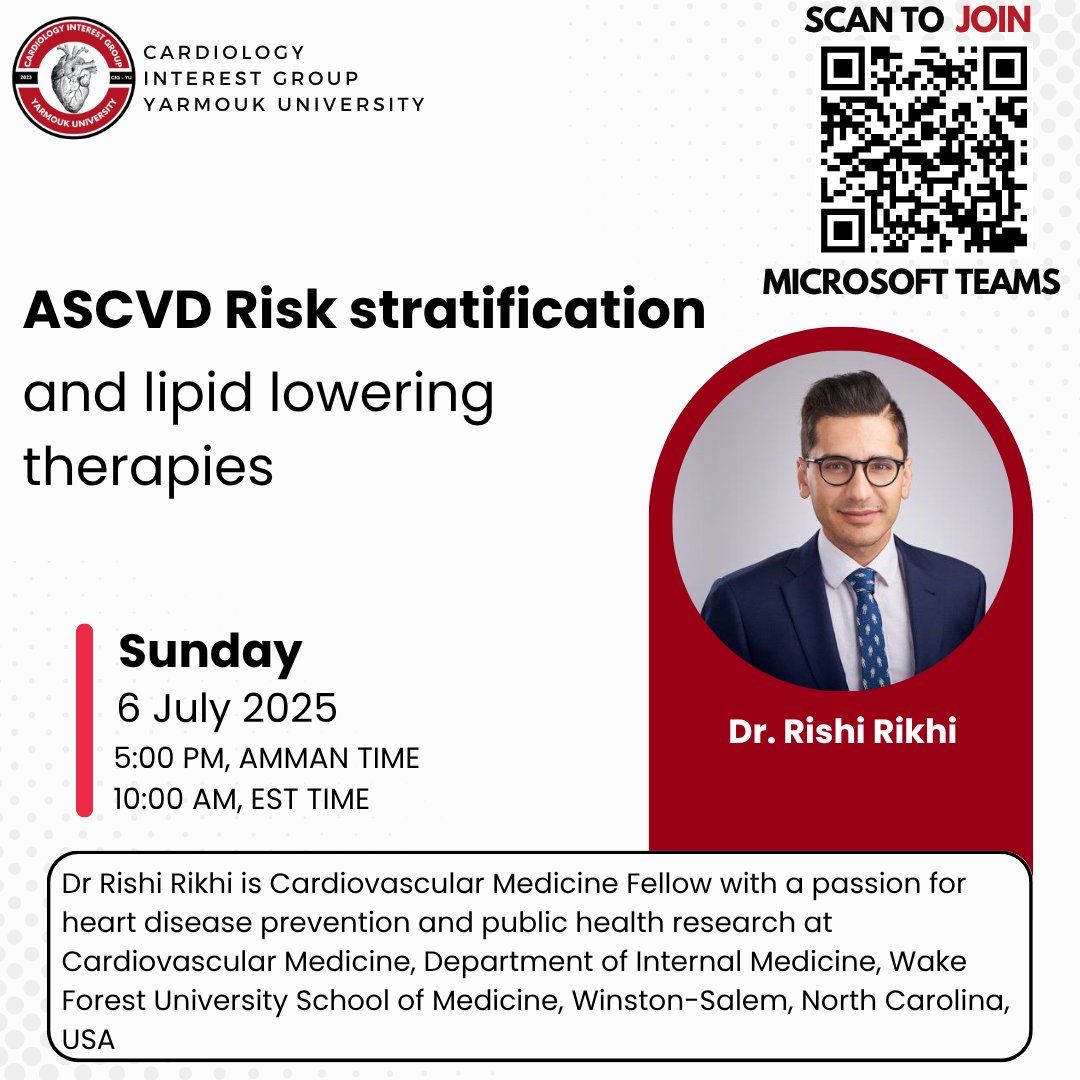 Cardiology Interest Group - Yarmouk University (@cig_yu) on Twitter photo In Jordan, 73% of patients with atherosclerotic cardiovascular disease (ASCVD) were found to have dyslipidemia.
📢Join us for an engaging and educational webinar on ASCVD and lipid-lowering therapies with Dr <a href="/RishiRikhiMD/">Rishi Rikhi, MD🌱MS</a>, Cardiovascular Fellow at Wake Forest School of Medicine. In Jordan, 73% of patients with atherosclerotic cardiovascular disease (ASCVD) were found to have dyslipidemia.
📢Join us for an engaging and educational webinar on ASCVD and lipid-lowering therapies with Dr <a href="/RishiRikhiMD/">Rishi Rikhi, MD🌱MS</a>, Cardiovascular Fellow at Wake Forest School of Medicine.
