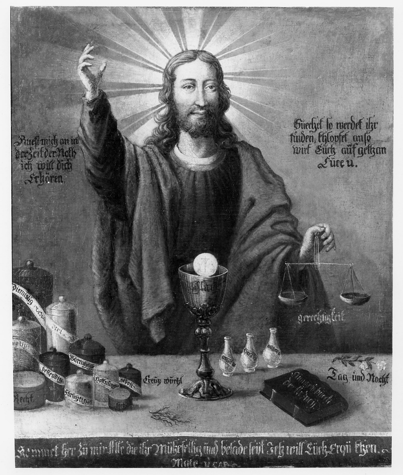 I recently came across a Christian art theme I'd never seen before--Christ the Apothecary (pharmacist), where he prepares the medicine necessary to save our souls (the Sacraments).