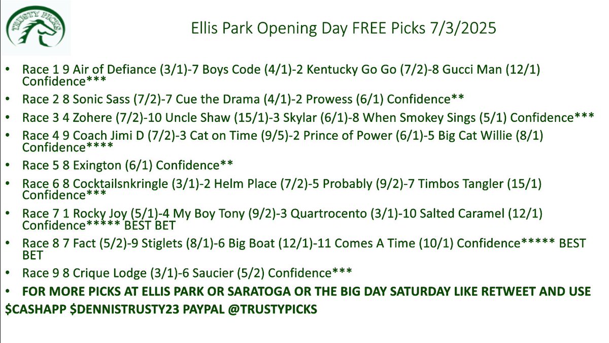 FREE Picks for Saratoga AND Ellis Park on their opening days! I know we just ended at Churchill but we continue on through the summer, Saratoga, Ellis Park we also have this week Indiana Derby AND Iowa Derby! Like Retweet for more picks this weekend! Thank you and let's cash!!!