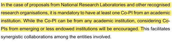 Ishwariya Venkatesh (@ishwariya13) on Twitter photo For those applying to the recent <a href="/ANRFIndia/">Anusandhan National Research Foundation</a> call, keep in mind it’s *mandatory* for PIs from National labs to have a Co-PI from an academic institution. Welcome move IMO, ❌ echo chamber collabs, forge new collabs which will ALSO strengthen academic research ecosystem. ✅✅ For those applying to the recent <a href="/ANRFIndia/">Anusandhan National Research Foundation</a> call, keep in mind it’s *mandatory* for PIs from National labs to have a Co-PI from an academic institution. Welcome move IMO, ❌ echo chamber collabs, forge new collabs which will ALSO strengthen academic research ecosystem. ✅✅
