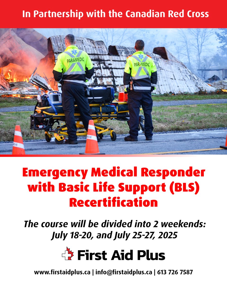 FirstAidPlusOtt's tweet image. 🚑 EMR + BLS Recertification
🗓️ July 18–20 &amp;amp; 25–27, 2025
✅ Red Cross Certified
#EMR #Recert #BLS #RedCross #FirstAidPlus