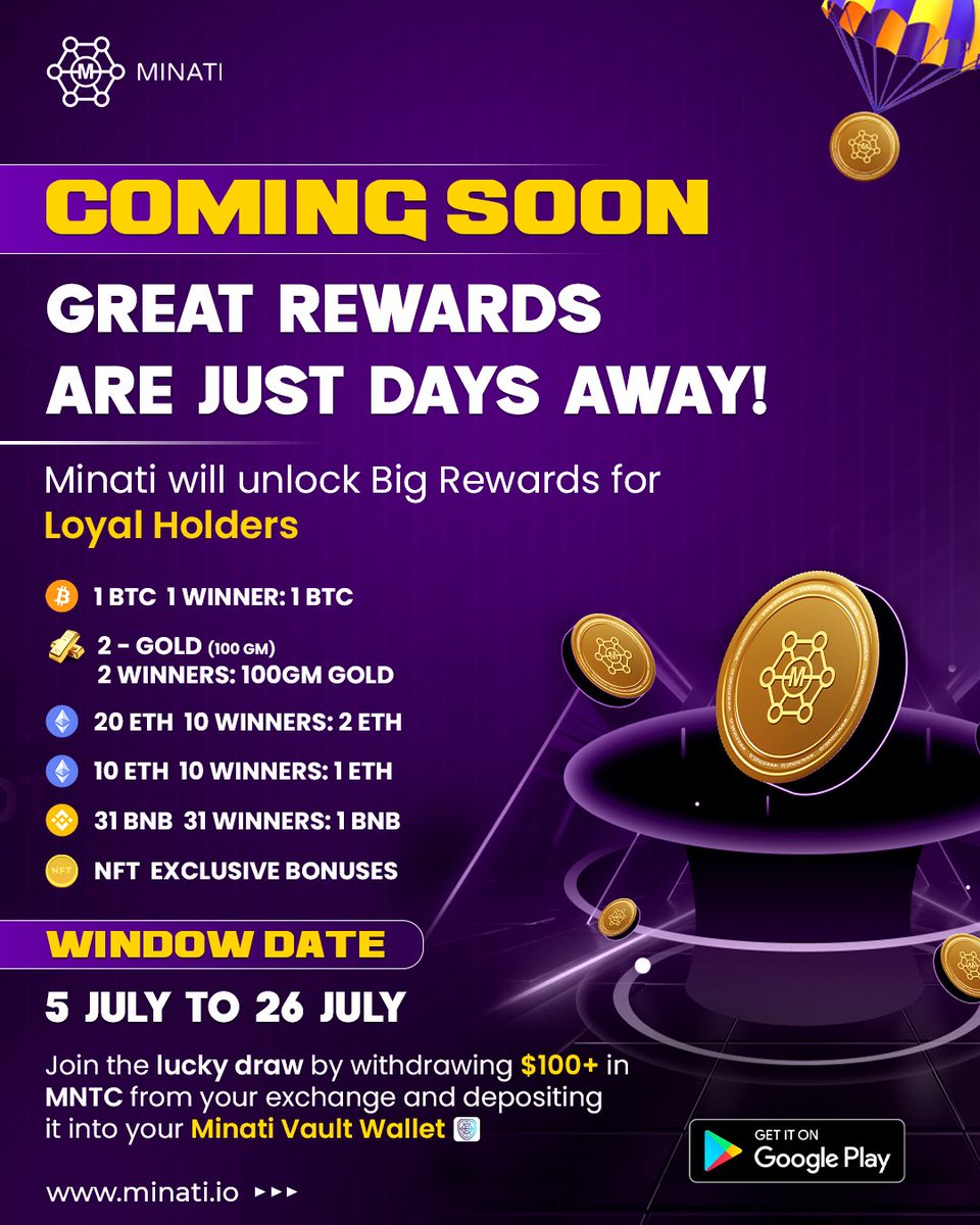 Minati (@minatifi) on Twitter photo π Coming Soon! Great Rewards are Just Days Away! π
Minati is unlocking Big Rewards for Loyal Holders! π
1 BTC (1 Winner) β Win 1 BTC πͺ
Gold (100 GM) x 2 Winners β Win 100GM of Gold π
ETH (20 ETH) x 10 Winners β Win 2 ETH π
ETH (10 ETH) x 10 Winners β Win 1 ETH π°
BNB (31 π Coming Soon! Great Rewards are Just Days Away! π
Minati is unlocking Big Rewards for Loyal Holders! π
1 BTC (1 Winner) β Win 1 BTC πͺ
Gold (100 GM) x 2 Winners β Win 100GM of Gold π
ETH (20 ETH) x 10 Winners β Win 2 ETH π
ETH (10 ETH) x 10 Winners β Win 1 ETH π°
BNB (31