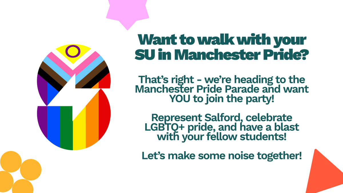 Are you looking for a community to walk with at Pride? Look no further than your SU! Help them represent Salford on Saturday 23 August 🏳️‍🌈

Book your ticket: ow.ly/2PxC50WfllS
