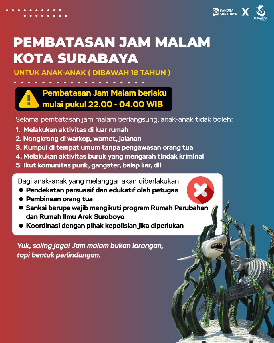 Anak-anak di bawah 18 tahun juga harus sudah ada di rumah sebelum pukul 22.00 WIB yaa Rek

Pembatasan jam malam ini diberlakukan untuk menjaga anak-anak dari target kejahatan maupun pergaulan bebas. 

Yuk, saling jaga! Jam malam bukan larangan, tapi bentuk perlindungan 🤗