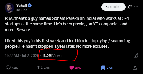 thatindicmonk's tweet photo. 2. Suhail Doshi, CEO, Mixpanel, Accused Soham Parekh of moonlighting. He said Soham was working 3-4 startups simultaneously
#SohamParekh #sohamGate https://t.co/pHqgSFvvHj