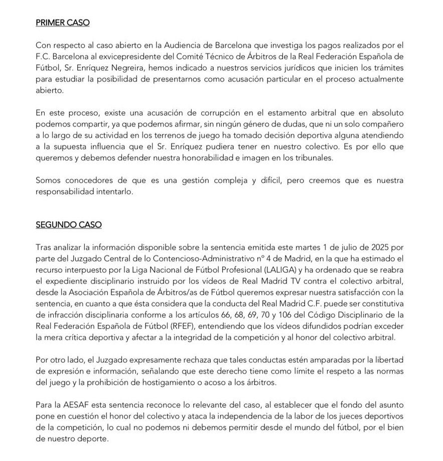 🚨💥 #ÚltimaHora | La Asociación Española de Árbitros de Fútbol se presenta como acusación particular en el ‘Caso Negreira’.

▪️ También lo hace en la causa abierta contra Real Madrid TV por los vídeos contra los árbitros.