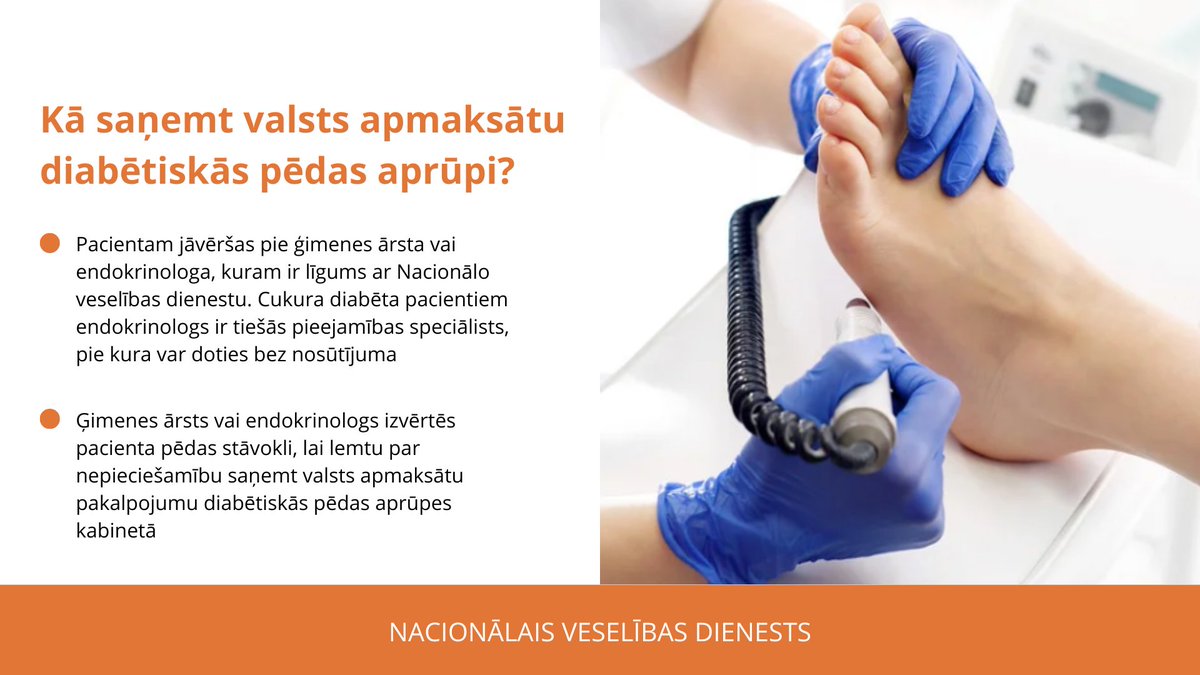 ℹ️ Pacienti ar cukura diabētu var saņemt valsts apmaksātus pakalpojumus diabētiskās pēdas aprūpes kabinetā, neveicot pacienta līdzmaksājumu. 👛
Vairāk informācijas ➡️ vmnvd.gov.lv/lv/diabeta-pac…