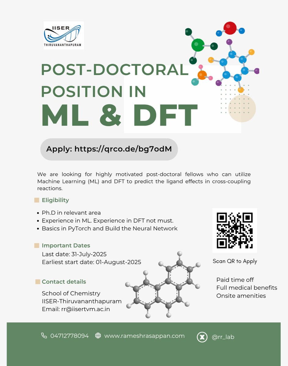 Ramesh Rasappan Lab (@rr_lab) on Twitter photo We are currently seeking a post-doctoral candidate for a role specializing in ML & DFT. Submit your application here if you're interested.
qrco.de/bg7odM
<a href="/rr_lab/">Ramesh Rasappan Lab</a> <a href="/rr_prof/">Ramesh Rasappan</a> <a href="/Chemie_iisertvm/">School of Chemistry IISER TVM</a> <a href="/tvmiiser/">IISER Thiruvananthapuram</a> We are currently seeking a post-doctoral candidate for a role specializing in ML & DFT. Submit your application here if you're interested.
qrco.de/bg7odM
<a href="/rr_lab/">Ramesh Rasappan Lab</a> <a href="/rr_prof/">Ramesh Rasappan</a> <a href="/Chemie_iisertvm/">School of Chemistry IISER TVM</a> <a href="/tvmiiser/">IISER Thiruvananthapuram</a>