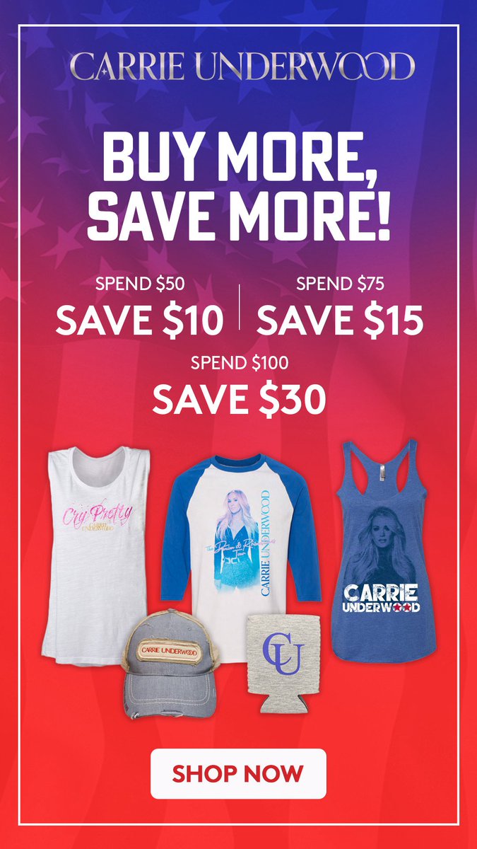 Shop the Independence Day Sale - Buy more, save more! Get up to $30 off your order at the Official Carrie Underwood Store! store.carrieunderwood.fm/collections/sa… – TeamCU