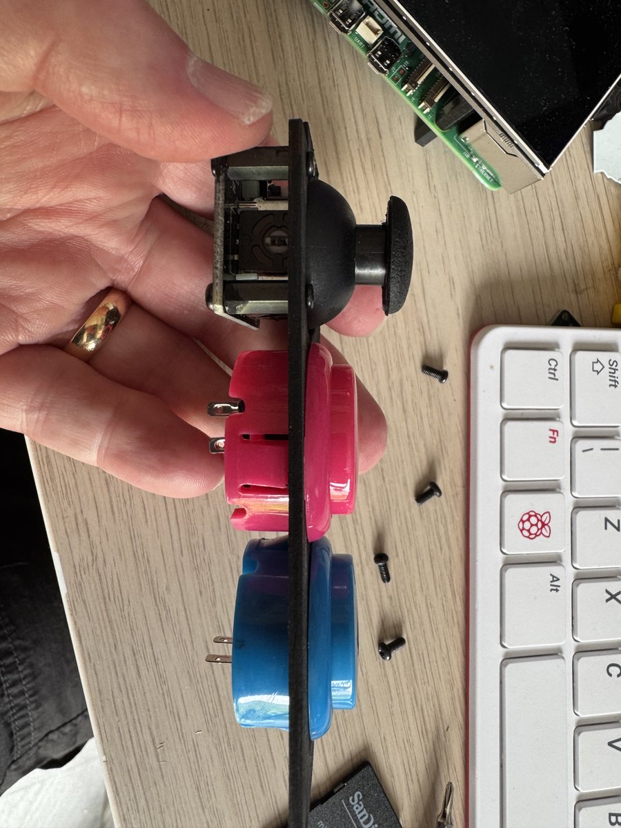 kevsmac's tweet image. Build day 4, finishing up the Arcade builds. These buttons and joystick connect to a @Raspberry_Pi Pico running #circuitpython to act as a usb gamepad.