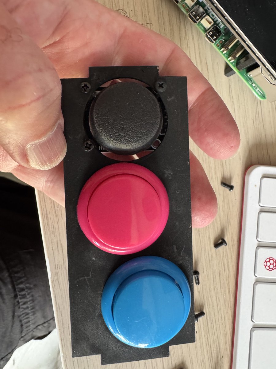 kevsmac's tweet image. Build day 4, finishing up the Arcade builds. These buttons and joystick connect to a @Raspberry_Pi Pico running #circuitpython to act as a usb gamepad.