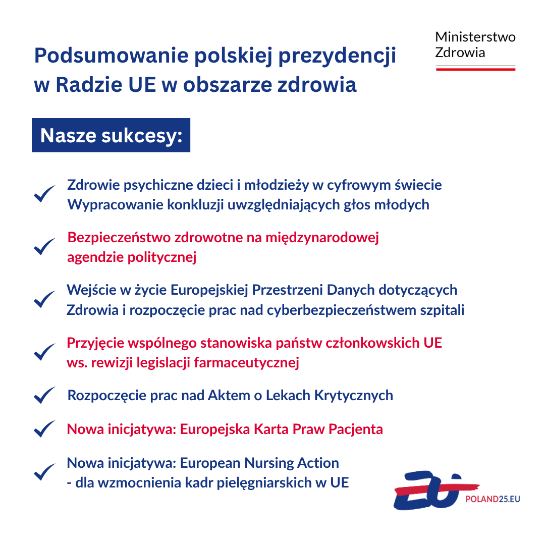 🇵🇱 Od 1 stycznia do 30 czerwca 2025 r. Polska sprawowała prezydencję w Radzie UE, podczas której zdrowie stanowiło jeden z filarów europejskiego bezpieczeństwa. 🇪🇺

To było pół roku intensywnej współpracy, decyzji i wspólnych działań z państwami członkowskimi – na rzecz zdrowia w