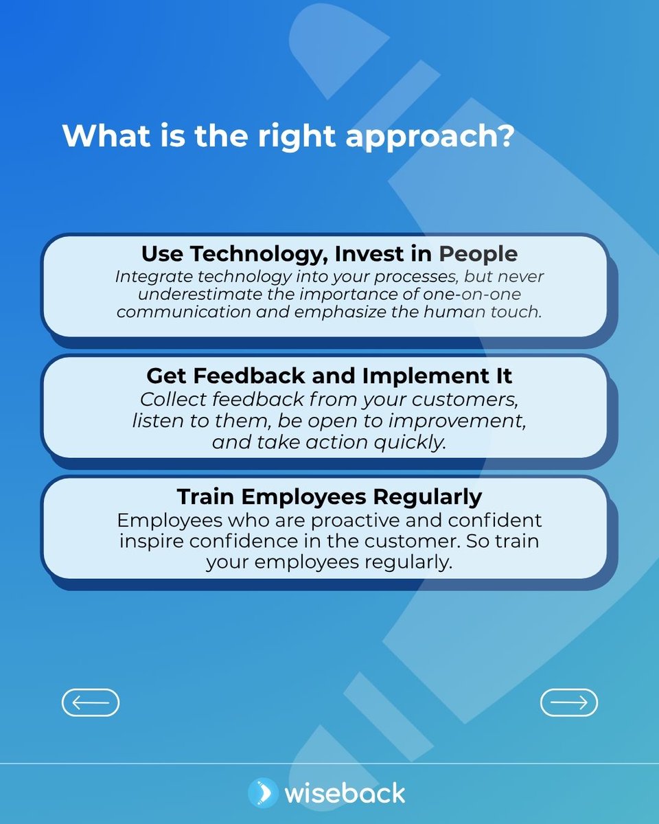 wiseback's tweet image. Tech alone doesn’t perfect CX. 67% hang up if no human. Use tech smartly, act on feedback, and train your team. Human+tech = sustainable CX. #CX #wiseback #Humantouch