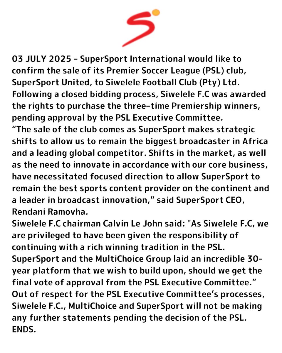 𝗦𝗨𝗣𝗘𝗥𝗦𝗣𝗢𝗥𝗧 𝗦𝗢𝗟𝗗 ‼️

SuperSport United have confirmed the sale of the club with immediate effect to Siwelele Football Club.

The club was originally known as Pretoria City, who were purchased by M-Net in 1994. 31 years later, Matsatsantsa are gone.