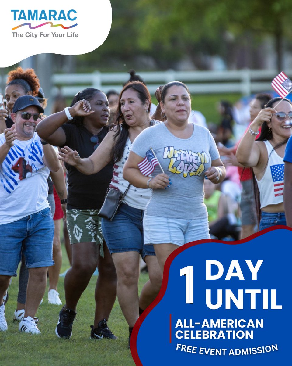 In 1 day, get ready for a dazzling fireworks display, bring your dance shoes and party with the City of Tamarac at the All-American Celebration at 6:30 p.m., at the  Tamarac Sports Complex, 9901 NW 77th St. Free event admission!