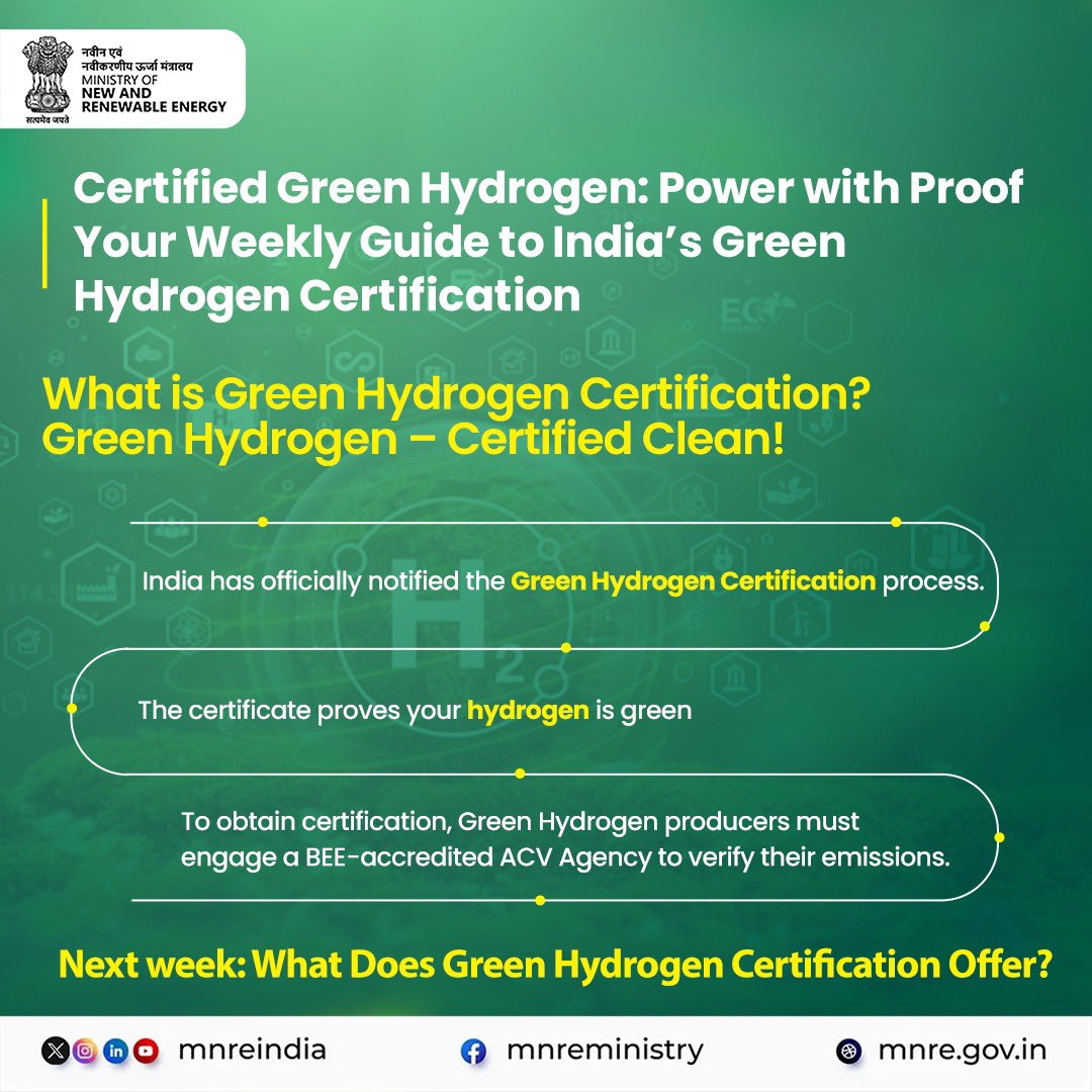 Certified Green Hydrogen: Power with Proof
Because in today’s world, it’s not green unless it’s Certified Clean

India’s Green Hydrogen journey just got real – The Green Hydrogen Certification is here

What’s the buzz?
✔️ India officially notified the GH Certification process.
✔️