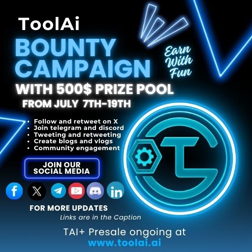 toolaiofficial's tweet image. 𝗝𝗼𝗶𝗻 𝘁𝗵𝗲 ToolAi social bounty!🤝Earn USDT or TAI+ rewards for helping launch the future of AI tools! 
📢Follow, share, and invite others! 🎁 $500 in rewards up for grabs! ⏰July 7th-19th. 
Let's shape the future of AI together! 
discord.gg/QwwhXhbN
#AI #ToolAi #Bounty