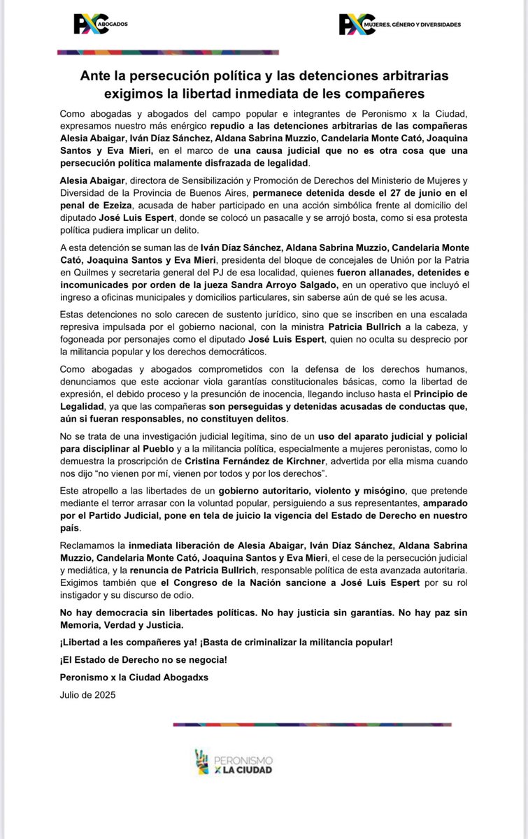 Inmediata liberación de Alesia Abaigar, Iván Díaz Sánchez, Aldana Sabrina Muzzio, Candelaria Monte Cató, Joaquina Santos y Eva Mieri! 👇🏽