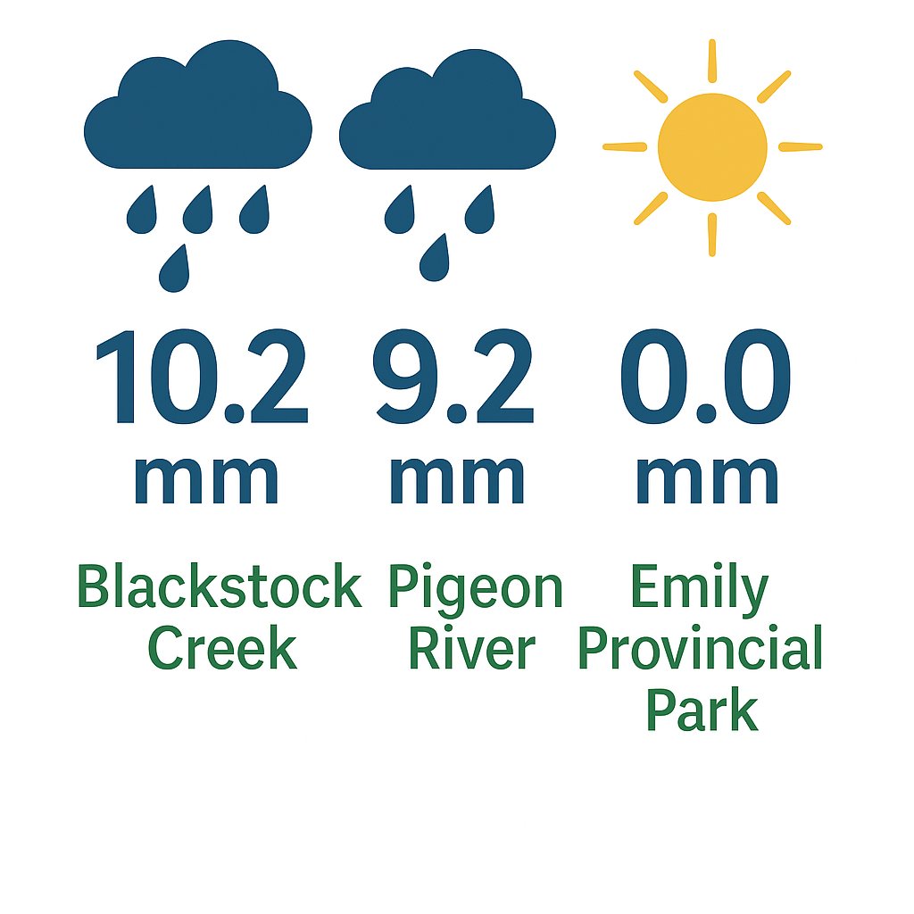 KawarthaConserv's tweet image. 🌦️ In 2 days:
• Blackstock Creek: 10.2 mm
• Pigeon River: 9.2 mm
• Emily Prov Park: 0.0 mm
Same watershed, very different weather. ⛅
Stay informed, because every drop counts.

#WatershedWatch #KawarthaConservation #RainfallData