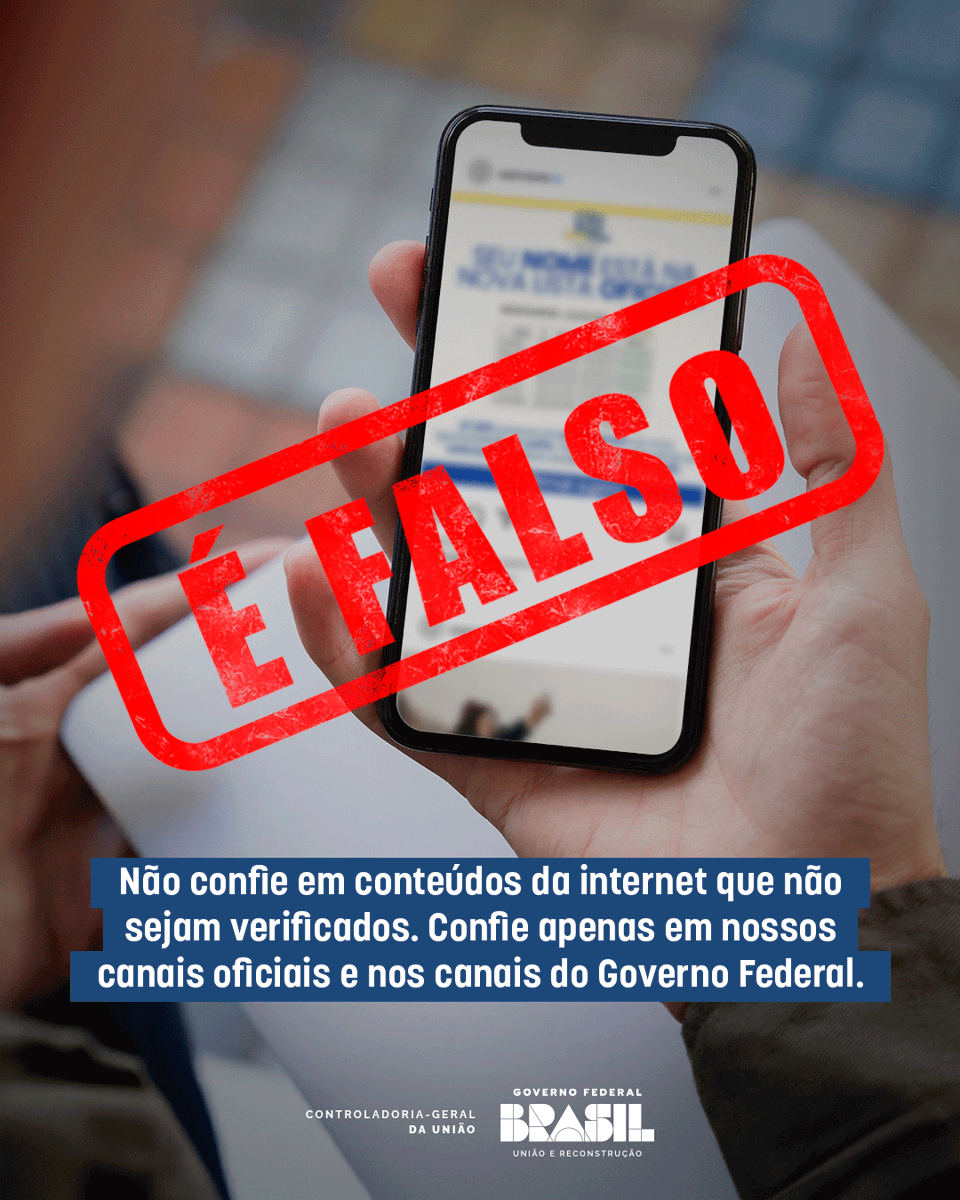 Nas últimas horas, começou a circular nas redes sociais uma falsa notícia dizendo que a CGU estaria pagando benefícios em dinheiro. 
⚠️ Isso é FAKE NEWS!⚠️

Proteja-se de conteúdos enganosos. Toda atenção é fundamental!