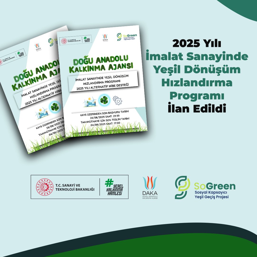 DAKA (@tc_daka) on Twitter photo 📢TRB2 Bölgesi'nde 40 milyon TL bütçeli İmalat Sanayinde Yeşil Dönüşüm Hızlandırma Programı ilan edildi.
🍀Destekten mikro ve küçük işletmeler ile kooperatifler yararlanabilecek.
daka.org.tr/destekler/sogr…
<a href="/TCSanayi/">Sanayi ve Teknoloji Bakanlığı</a>
<a href="/KalkinmaAjansGM/">Kalkınma Ajansları Genel Müdürlüğü</a>
#YerelKalkınmaHamlesi 📢TRB2 Bölgesi'nde 40 milyon TL bütçeli İmalat Sanayinde Yeşil Dönüşüm Hızlandırma Programı ilan edildi.
🍀Destekten mikro ve küçük işletmeler ile kooperatifler yararlanabilecek.
daka.org.tr/destekler/sogr…
<a href="/TCSanayi/">Sanayi ve Teknoloji Bakanlığı</a>
<a href="/KalkinmaAjansGM/">Kalkınma Ajansları Genel Müdürlüğü</a>
#YerelKalkınmaHamlesi