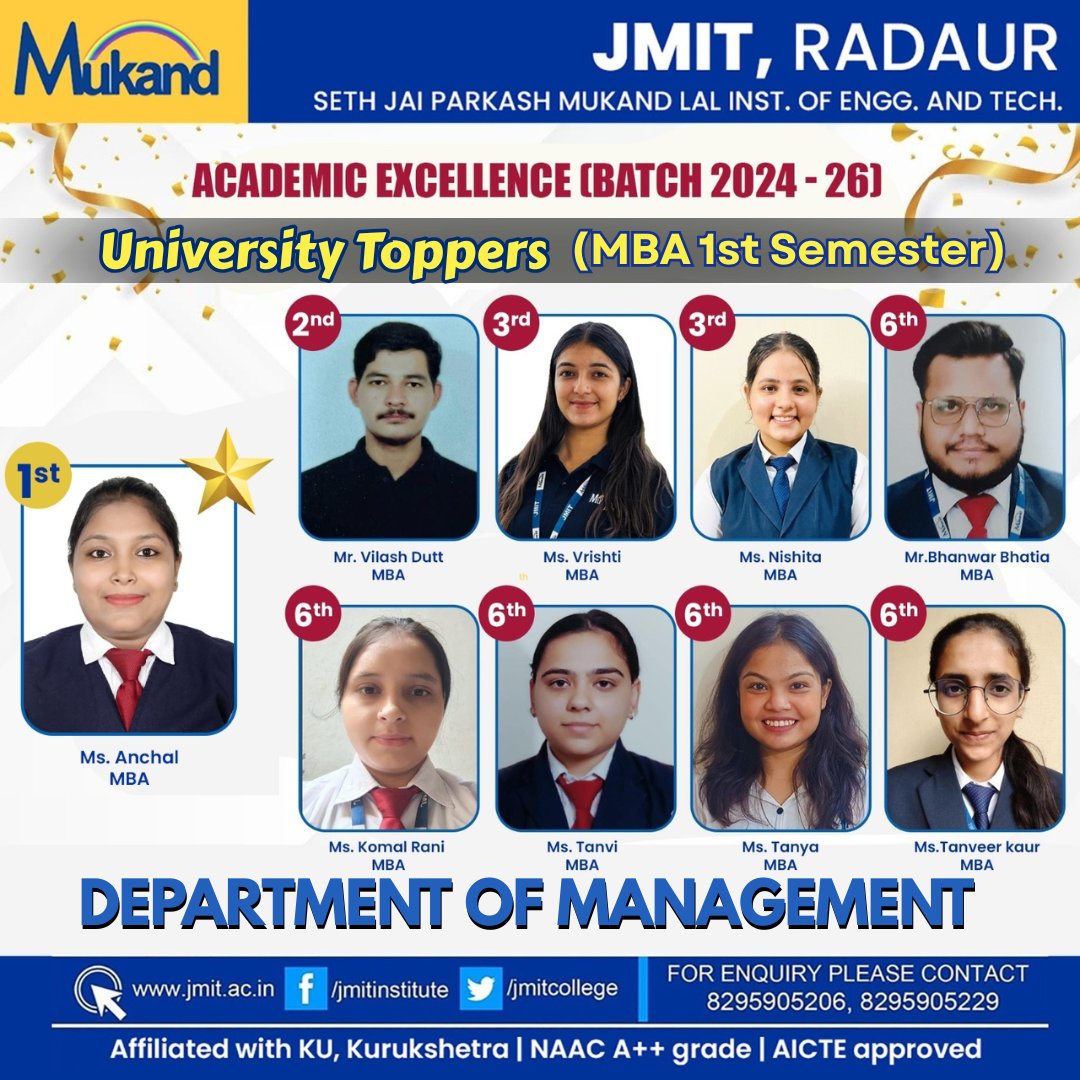 JmitCollege's tweet photo. Celebrating Academic Excellence!
MBA 1st Semester University Toppers (Batch 2024–26) – JMIT, Radaur

#jmit #jmitradaur #studentsuccess #studentachievement #jmitpride #proudmoment #brightfutures #academicexcellence #futureleaders #mbatoppers #universitytoppers #managementstudents https://t.co/D7pCpiMaO7