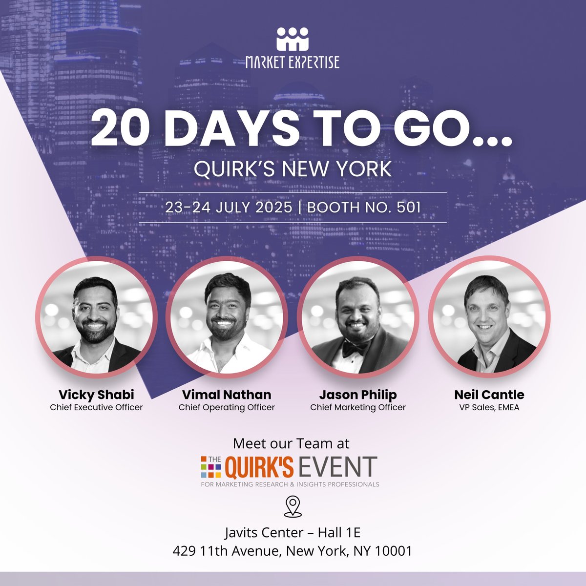 𝗧𝗵𝗲 𝗰𝗼𝘂𝗻𝘁𝗱𝗼𝘄𝗻 𝗵𝗮𝘀 𝗯𝗲𝗴𝘂𝗻!⁣ We’re just 20 days away from the <a href="/QuirksMR/">Quirk's Media #MRX</a> Event in New York, happening 𝗝𝘂𝗹𝘆 𝟮𝟯–𝟮𝟰. Meet the Market Expertise team at Booth 501 — let’s talk insights &amp; the future of research! 
#MRX #QuirksEvent #MarketResearch #Networking