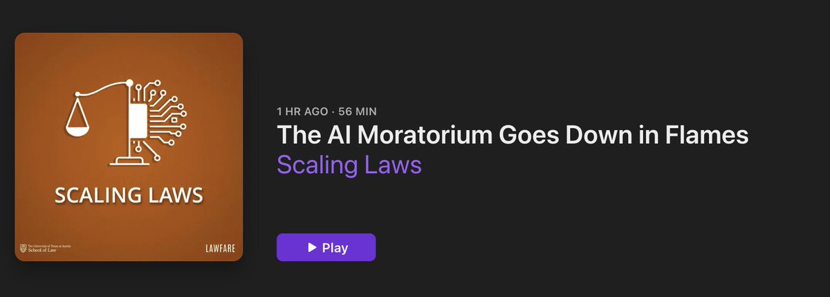 R Street Institute (@rsi) on Twitter photo 🎧 <a href="/scaling_laws/">scaling_laws</a> podcast: What happens now after the AI moratorium failed in Congress? Our <a href="/AdamThierer/">Adam Thierer</a> and <a href="/hlntnr/">Helen Toner</a> (<a href="/CSETGeorgetown/">CSET</a>) join <a href="/ARozenshtein/">Alan Rozenshtein</a> and <a href="/KevinTFrazier/">Kevin Frazier</a> to discuss
<a href="/lawfare/">Lawfare</a> <a href="/UTexasLaw/">UTexasLaw</a> 🎧 <a href="/scaling_laws/">scaling_laws</a> podcast: What happens now after the AI moratorium failed in Congress? Our <a href="/AdamThierer/">Adam Thierer</a> and <a href="/hlntnr/">Helen Toner</a> (<a href="/CSETGeorgetown/">CSET</a>) join <a href="/ARozenshtein/">Alan Rozenshtein</a> and <a href="/KevinTFrazier/">Kevin Frazier</a> to discuss
<a href="/lawfare/">Lawfare</a> <a href="/UTexasLaw/">UTexasLaw</a>