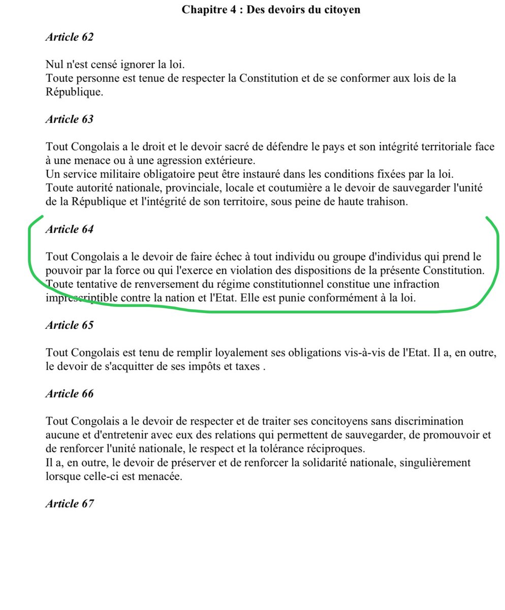 L’article 64 ne demande nullement aux Congolais de prendre les armes. Plutôt le contraire est une infraction, les personnes que vous tuez à Goma, Bukavu et dans toutes les zones occuper, sont-ils les personnes qui ont pris le pouvoir par force ? Vous tuez des innocents.