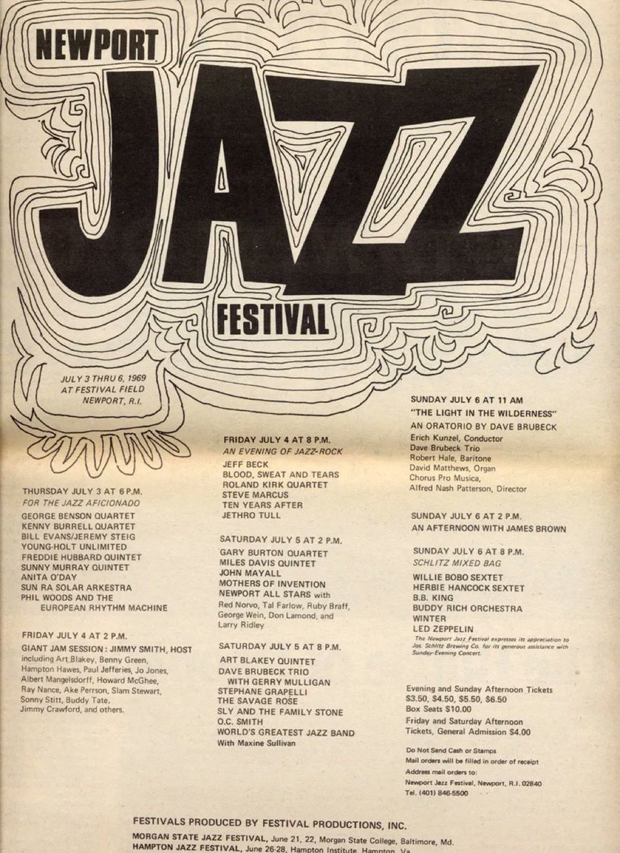 #OTD in Rhode Island History (@otdrhodeisland) on Twitter photo On July 3, 1969, the <a href="/NewportJazzFest/">Newport Jazz Fest</a> opened with an experimental lineup-- featuring rock & funk artists like Jeff Beck, Jethro Tull, Frank Zappa, Sly & the Family Stone, B.B. King, James Brown, and Led Zeppelin. Over 60,000 people attend the weekend events. On July 3, 1969, the <a href="/NewportJazzFest/">Newport Jazz Fest</a> opened with an experimental lineup-- featuring rock & funk artists like Jeff Beck, Jethro Tull, Frank Zappa, Sly & the Family Stone, B.B. King, James Brown, and Led Zeppelin. Over 60,000 people attend the weekend events.