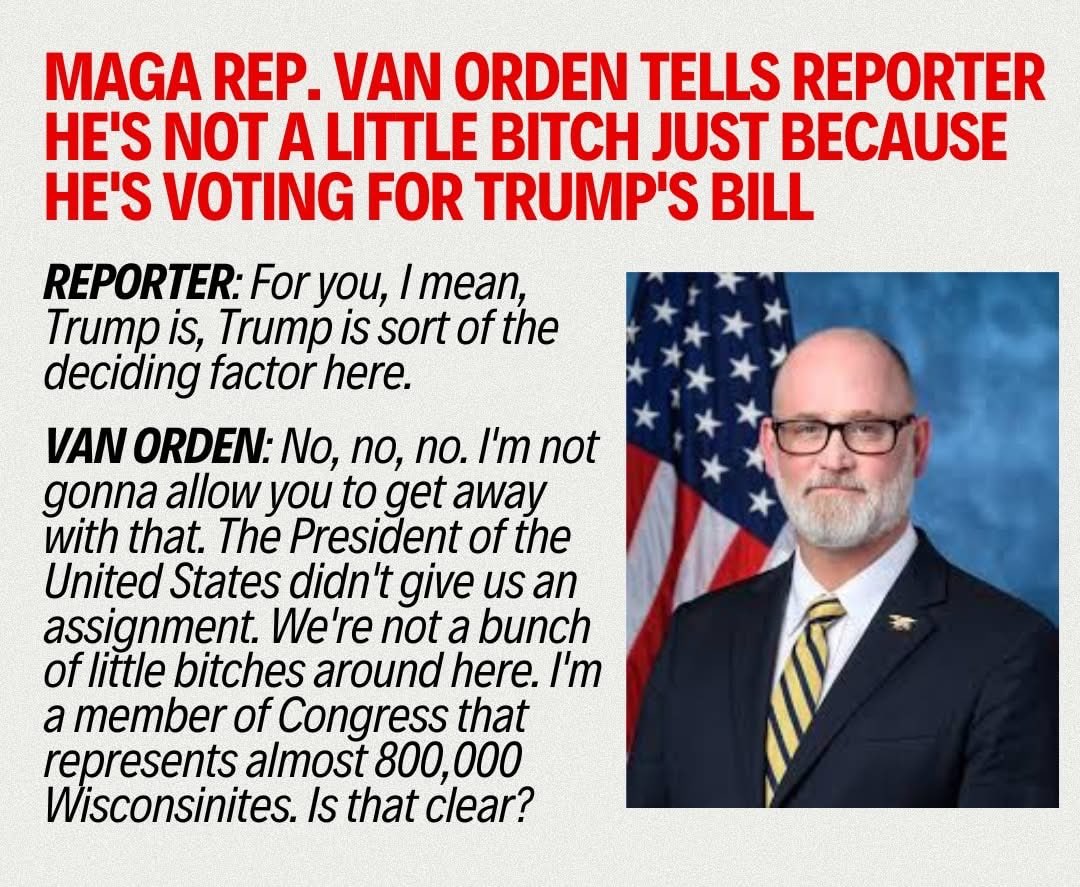 Fred Wellman (@fpwellman) on Twitter photo .<a href="/derrickvanorden/">Derrick Van Orden</a>: I’m not a little bitch!
Also Van Orden: Votes yes to screw thousands of his constituent’s.
Like. A. Little. Bitch. .<a href="/derrickvanorden/">Derrick Van Orden</a>: I’m not a little bitch!
Also Van Orden: Votes yes to screw thousands of his constituent’s.
Like. A. Little. Bitch.
