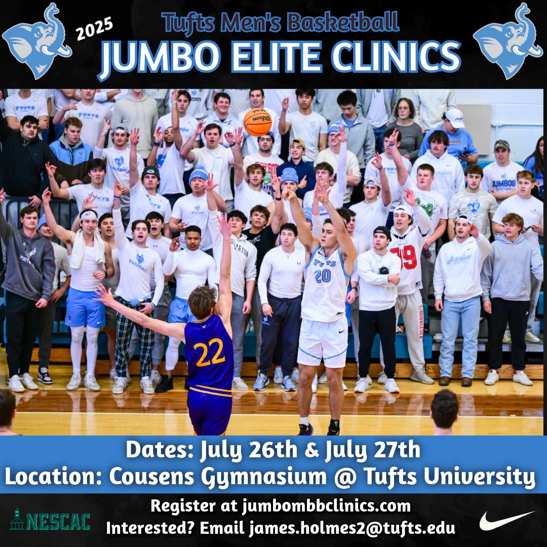 Tufts University Men’s Basketball (@tuftsmbb) on Twitter photo We are just 3️⃣ weeks away from our July elite clinics at Cousens Gym! Spots are still available but they are filling quickly!  Sign up today ⬇️ 🏀 🐘 
Registration/more information: jumbombbclinics.com We are just 3️⃣ weeks away from our July elite clinics at Cousens Gym! Spots are still available but they are filling quickly!  Sign up today ⬇️ 🏀 🐘 
Registration/more information: jumbombbclinics.com