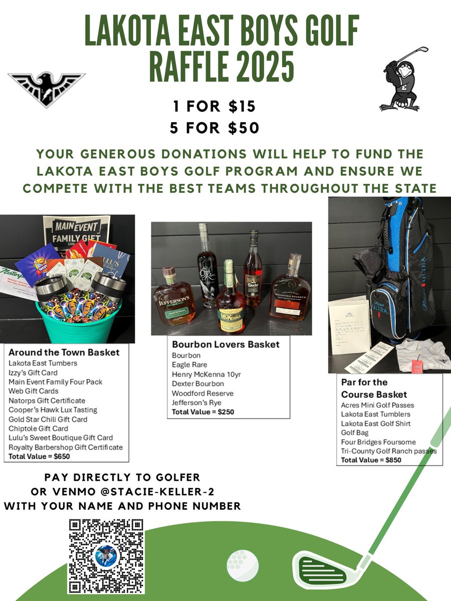 Can’t make it to our golf scramble on July 13th??  Well here’s another way to support The Lakota East Boys Golf Team!  One raffle ticket for $15 or 5 for $50⛳️