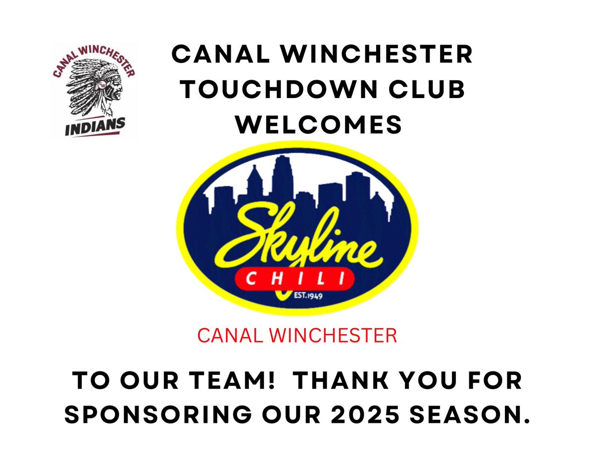 Canal Winchester Football (@cwtouchdownclub) on Twitter photo Thank You, Skyline Chili in Canal Winchester
We’re thrilled to have Skyline Chili back as a Team Meal Sponsor for the third straight season!
Thanks for being a steady part of our team. We’re proud to have you with us again this year.
Go Indians! <a href="/Skyline_Chili/">Skyline Chili</a> Thank You, Skyline Chili in Canal Winchester
We’re thrilled to have Skyline Chili back as a Team Meal Sponsor for the third straight season!
Thanks for being a steady part of our team. We’re proud to have you with us again this year.
Go Indians! <a href="/Skyline_Chili/">Skyline Chili</a>