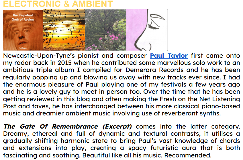 Many thanks to <a href="/TrustTheDocUK/">Neil March (Trust The Doc Media/ICMP)</a> Neil March for including my Mellotron piece in the latest edition of #TrustTheDoc, a wonderfully eclectic and comprehensive review of the best in new music.
"The Gates of Remembrance" is here on <a href="/SoundCloud/">SoundCloud</a> :
soundcloud.com/paul-taylor-x/… #mellotron