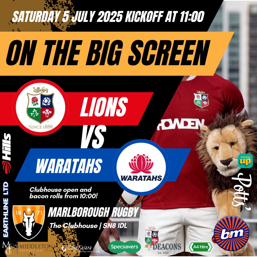 WE’RE LIVE AGAIN THIS SATURDAY!

It’s the New South Wales Waratahs vs the Lions on the BIG screen at the Clubhouse on Saturday 5 July 2025

The Clubhouse will open the bar &amp; we’ll have bacon rolls from 10:00 ahead of kick-off at 11:00

See you there!

The Clubhouse | SN8 1DL