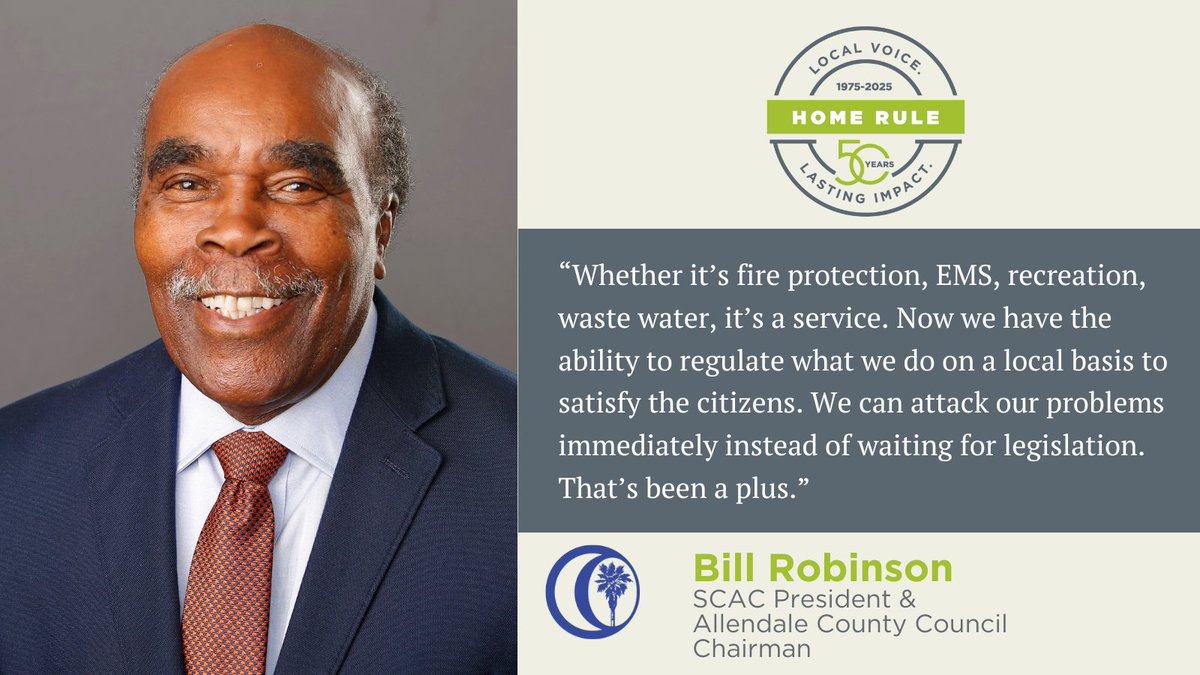 We asked county leaders to reflect on the Home Rule Act’s 50th anniversary this summer. SCAC President Bill Robinson, Allendale County Council chairman, has served his community 30+ years &amp; sees the impact of governing close to the people daily. #LocalLeaders #StatewideStrength