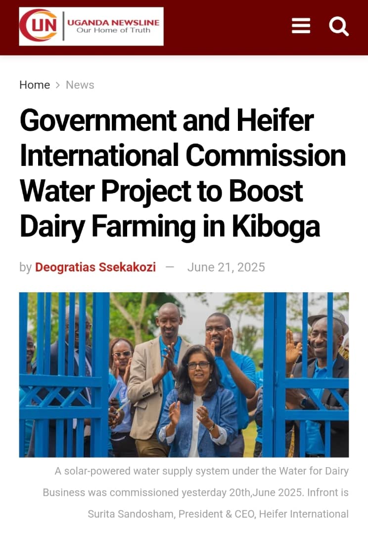 #InTheNews 📰
<a href="/Heifer/">Heifer International</a> International, in collaboration with the Government of Uganda, <a href="/AquaforAll/">Aqua for All</a>, and Dwaniro Dairy Cooperative has officially commissioned a solar-powered water supply system under the Water for Dairy Business (W4DB) project in Kiboga District, Uganda.

Read the