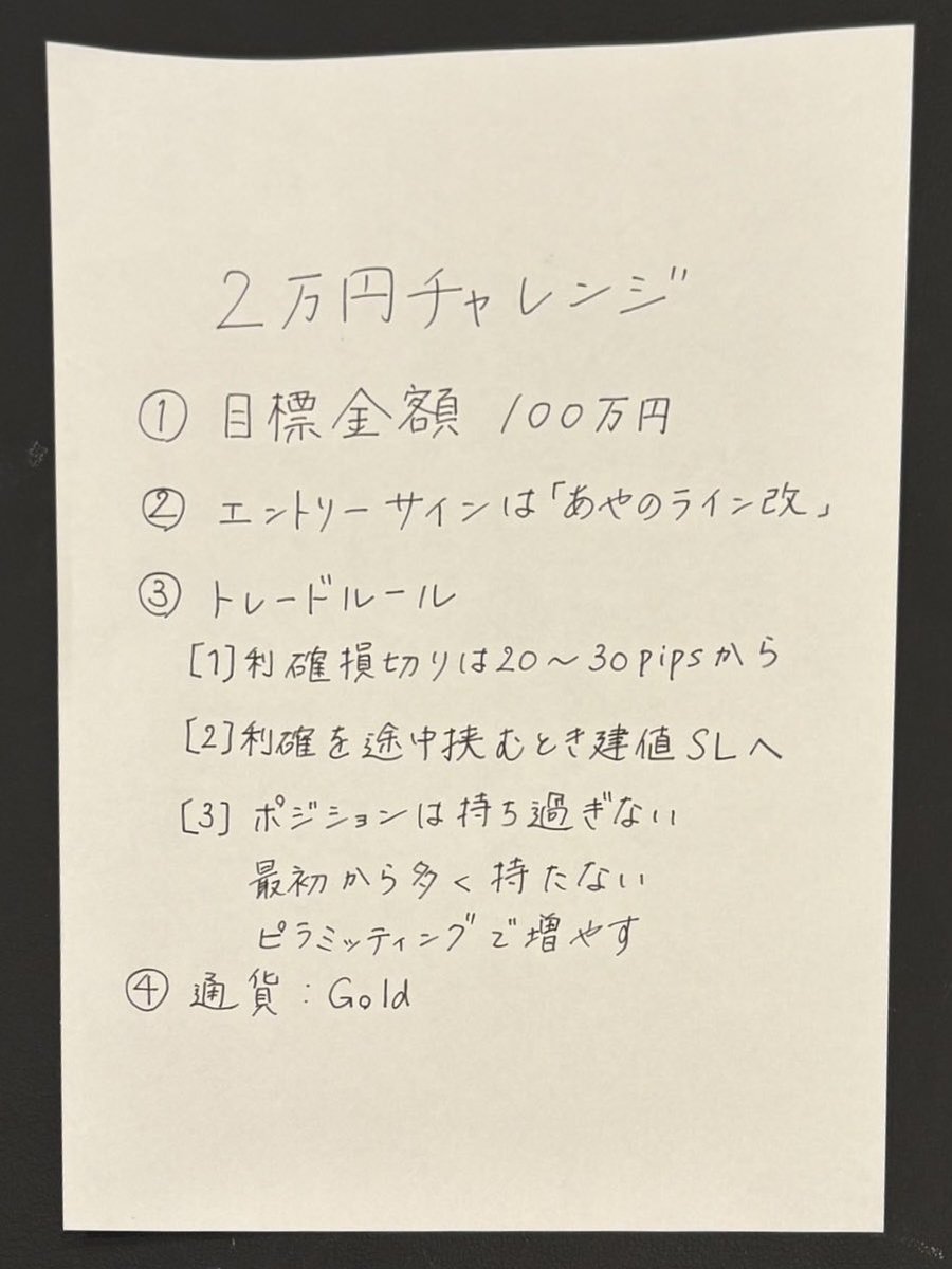明日から始まる2万円チャレンジ

成功するためにこれを意識してやっていくよ
一緒にトレードしたい人は【通知オン】を忘れずに！